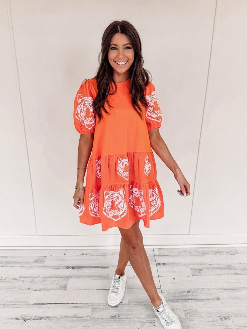 WHY Dress Game Day Sequin Bengal Tiger dress Orange w/ White Sequins Large
